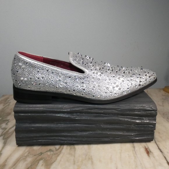 NICE! Stylish Formal Enzo Romeo Men Rhinestones Spikey Studs Loafers Silver 9 main image 5